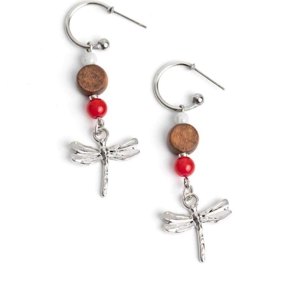 Silver Dragonfly Earrings Red  Brown Accents Take BEAD Hoop Fashion Jewelry